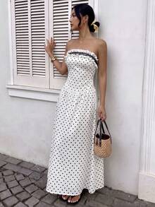 SHEIN PariChic Women's Woven White With Black Polka Dots Frill Trim Contrast Lace Elegant Tropical Vacation Summer Strapless Dress Vacation - Black and White - View 5