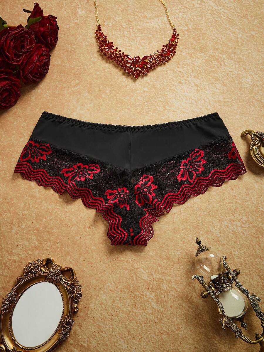 PinupPomp 1 buah Celana Dalam Thong Seksi Berwarna Hitam & Merah dengan Motif Renda - MultiWarna - View 1