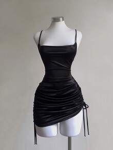 SHEIN Franclia 简约吊带开衩领褶饰低胸女式连衣裙 - 黑色 - 查看 4