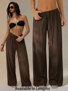 SHEIN PETITE CURVE Quần ống rộng cỡ lớn, màu trơn, cạp chun, kiểu dáng thường ngày. - màu nâu - Xem 1