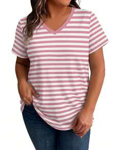 EMERY ROSE Plus Size Women's Summer Pink Print V-Neck Short Sleeve Casual Smart Casual T-Shirt Holiday - Multicolor - View 4