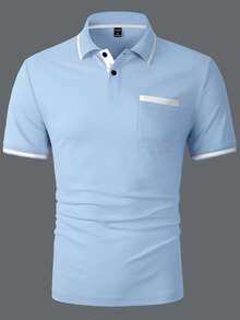 Manfinity Homme Men's Commuter Button Pocket Contrast Color Short Sleeve Polo Shirt, Formal - Blue - View 6