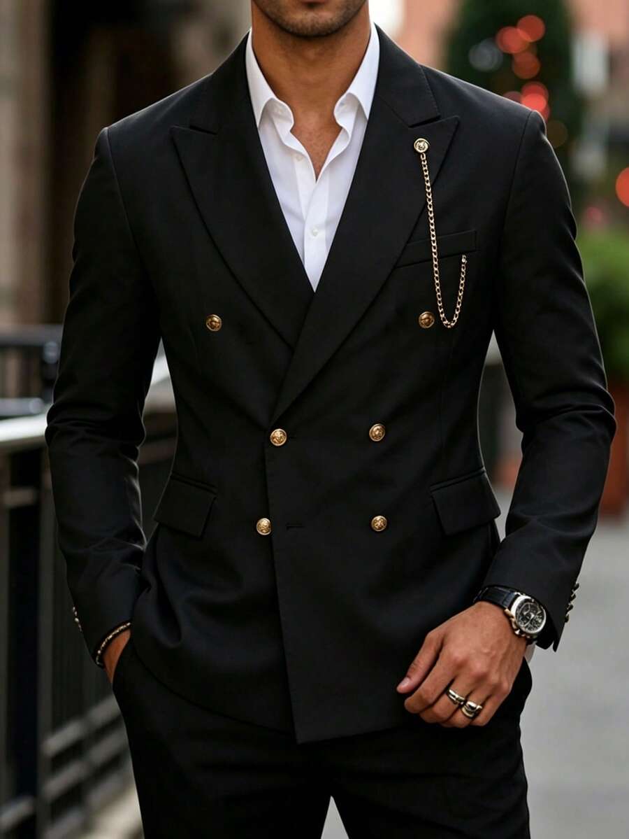 Manfinity Bizformal 男士黑色鏈條裝飾紳士商務婚禮西裝外套,正式,儀式 - 黑色 - 查看 1