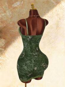 Amplova Lace Cup Detail Tropical Vacation Floral Mesh Bodycon Mini Dress - Green - View 3