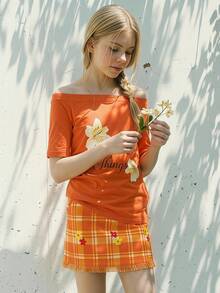 DAZY Tween Girls Asymmetrical Shoulder Loose Short Sleeve Floral Print T-Shirt Vacation Summer - Coral Orange - View 6