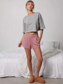 WESTFADE Drawstring Waist Rib Knit Casual Lounge Pink Shorts - Pink - View 11