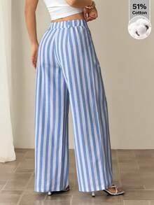 SHEIN PETITE Quần tây kẻ sọc nữ kiểu Hawaii, quần công sở nữ, quần tây công sở nữ, quần mặc nhà thoải mái cho nữ, bộ hai mảnh cho nữ, bộ đồ phối hợp cho nữ mùa thu/đông. - Màu xanh lam - Xem 2