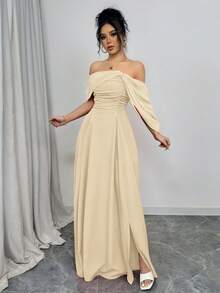 Rafferiza Women's Off Shoulder Ruched Neck Twist Waist Dress With Full Dress - Apricot - View 4