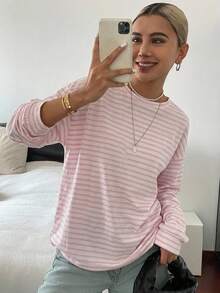 DAZY Women Striped Drop Shoulder Tee Long Sleeve Women Tops,Fall Women Clothes - Pink - View 12