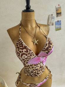 Soleia Set Baju Renang Tankini Wanita Musim Panas Motif Bunga Leopard untuk Pantai - MultiWarna - View 6