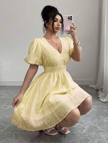 Modelyn 女款優雅條紋印花泡泡袖短洋裝，適合春夏穿著 - 黃色 - 查看 8