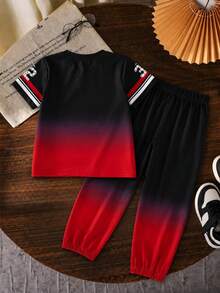 2er/Set Lässiges minimalistisches T-Shirt mit Farbblock-Design im Gesicht, Rundhalsausschnitt, Kurzarm & Jogginghose für Kleine Jungen, lockere bequeme Passform, geeignet für tägliche Ausflüge, Schulaktivitäten, Outdoor-Spiele, Familientreffen, Fotoshootings, Sommer - Rot - Übersicht 2