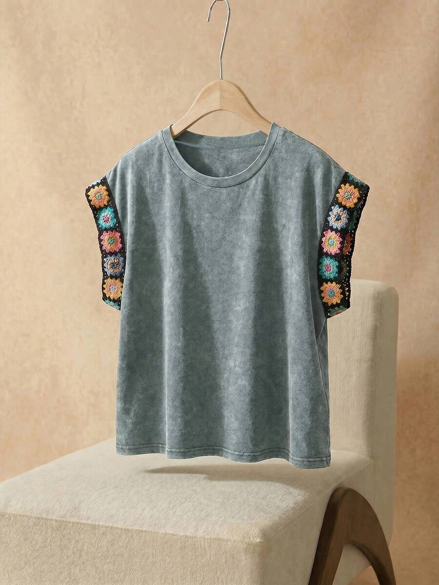 Elaquor Plus Size Women Crochet Short Sleeve Round Neck Casual T-Shirt - Green - View 1