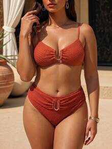 Swim Vcay Conjunto de biquíni marrom com alças ajustáveis e decote em U em tela vazada, modelo 2026, ideal para praia e férias, primavera/verão. Perfeito para a primavera e o verão. - Castanho - Ver 3