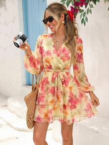 Vivid Eden Women's Floral Print Drawstring A-Line Mini Dress - Yellow - View 3