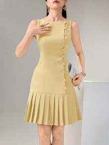 Heiryn Sophisticated Beige Sleeveless Midi Dress For Women Featuring Side Buttons And Pleats - Yellow - View 7