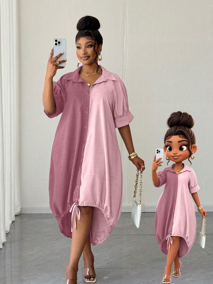 Maweii Vestido de Talla Grande con Diseño de Bloques de Color, Bajo con Cordón, Cuello Solapa y Mangas Linterna - Rosa - Ver 1