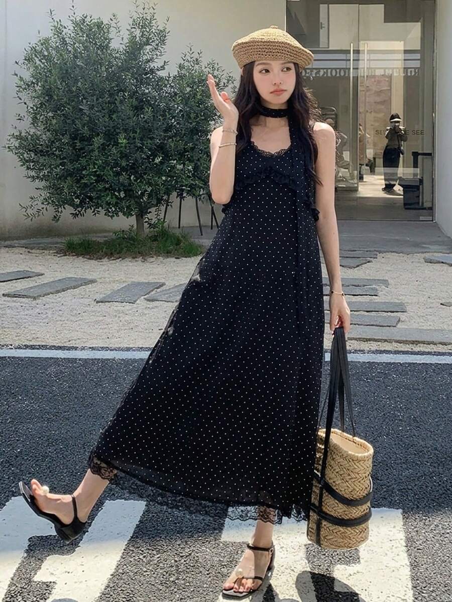 FRIFUL 女款波點印花對比蕾絲無袖寬鬆長洋裝陽光裙 - 黑色 - 查看 1