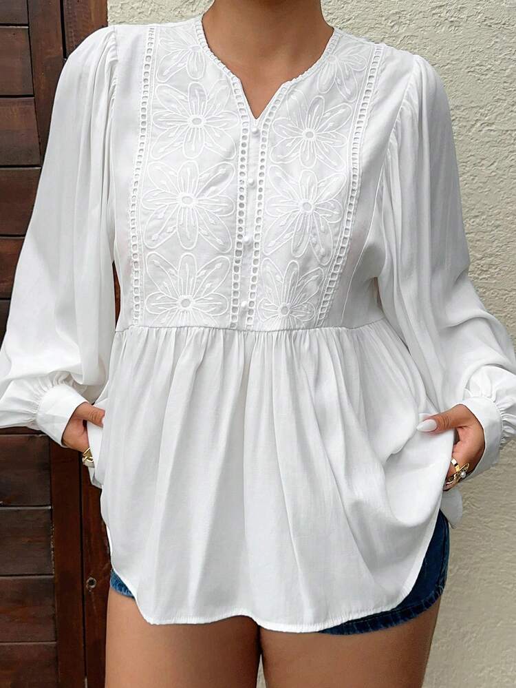 Dazy Plus Patchwork Embroidered Ruffle Hem Loose Round Neck Lantern Sleeve Casual Vacation Summer Top, Plus Size White Long Sleeve Blouse For Spring & Summer