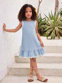 SHEIN Young Girl Textured Contrast Color Webbing Strap Loose Fit Dress Suitable For Vacation Style Outings - Baby Blue - View 3