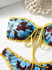 Swim Mod Women's 2pcs Summer Sexy Tropical Bandeau Top With Front Tie And Ruffle Hem, Triangle Bikini Bottom Set Beach Vacation Aqua Blue - Multicolor - View 4