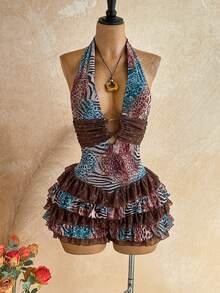 Soleia Romper Wanita Motif Hewan dengan Patchwork Renda, Tanpa Punggung, dan Leher Halter - MultiWarna - View 7