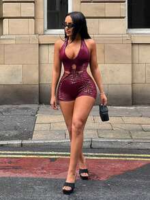 SHEIN SXY Rückenfreier Halter-Unitard-Jumpsuit mit Cut-Outs - Bordeaux - Übersicht 7