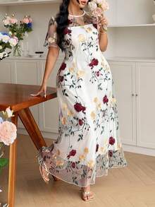 Modelyn 大尺碼收腰刺繡布料休閒優雅洋裝，適合春夏季日常穿著與聚會 - 米色 - 查看 6