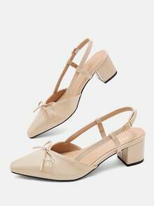CUCCOO CURVES Women's Nude Patent Leather Pointed Toe Bow Knot Slingback Block Heel Pumps - Apricot - View 9