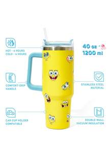SpongeBob SquarePants | SHEIN 40oz 帶手柄保溫杯，真空隔熱水壺，不鏽鋼旅行馬克杯，車用馬克杯 - 黃色 - 查看 3