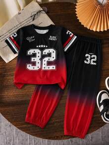2er/Set Lässiges minimalistisches T-Shirt mit Farbblock-Design im Gesicht, Rundhalsausschnitt, Kurzarm & Jogginghose für Kleine Jungen, lockere bequeme Passform, geeignet für tägliche Ausflüge, Schulaktivitäten, Outdoor-Spiele, Familientreffen, Fotoshootings, Sommer - Rot - Übersicht 3