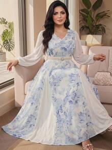 Modelyn Plus Size Women Floral V-Neck Lantern Sleeve Elegant Dress Gym Brown Autumn - Multicolor - View 4