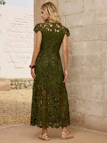 SHEIN Women's Knitted Summer Dress, Intricate Embroidered Lace Hollow-Out Round Neck Cap Sleeve A-Line High Waist Slimming Elegant Dress, Suitable For Evening Party, Date, Vacation - Green - View 6