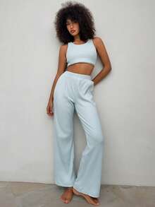 DAZY 2 Stück/Set Damen Geripptes Kurzes Trägertop und Lange Gerade Bein Pyjama Hose Schlafanzug Set, Sommer - Blau - Übersicht 5