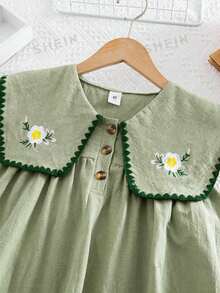 SHEIN Young Girl Pastoral Floral Embroidered Floral Pattern Ruffle Collar Dress, Versatile Floral Pattern Round Neck Ruffle Trim Contrast Color Dress,Girls' Floral Embroidered Dress, Peter Pan Collar, Ruffle Trim, Contrast Color Dress - Mint Green - View 8
