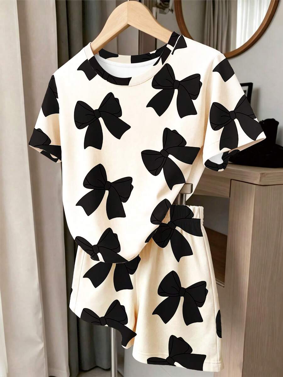 2pcs/Set Young Girl Retro Sweet Black Bow Print Casual Minimalist Short Sleeve T-Shirt And Flare Leg Pants, Suitable For Summer - Multicolor - View 1