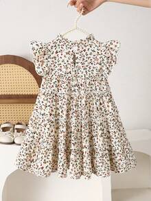 SHEIN Playful Pals 女嬰時尚休閒度假花卉印花蝴蝶結蛋糕裙，適合春、夏、秋季、度假、節日、派對、日常穿著 - 棕色 - 查看 3