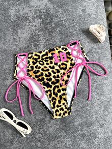 SHEIN Swim 女款夏季度假繫帶泳褲下半身，豹紋粉色熱帶風性感海灘派對款 - 彩色 - 查看 2