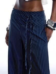 LYSMO Pantalones de traje casual de mujer con rayas y lazo, adecuados para uso diario en la oficina - Blanco y Negro - Ver 5