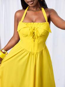 BamGleam Vestido de princesa con cordón ajustable y fruncido tipo halter para mujer de vacaciones - Amarillo - Ver 7