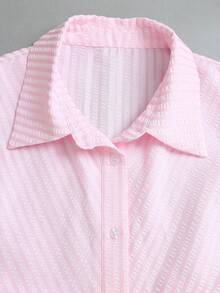 Sweetra Französisches sanftes Preppy-Stil rosa gestreifter Stoff einzigartiges ärmelloses Knopfdesign minimalistisch sexy elegant Dame elegant Sommer süß verspielt Stehkragen exquisite taillierte schlankmachende Damen Kurz Kleid - Pink - Übersicht 5