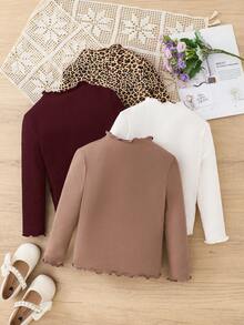 SHEIN Kids Young Girl Lovely Cute 4pcs/Set Leopard Print Solid Color Mock Neck Lettuce Trim Knit Fabric Tee Versatile Casual Daily School In Autumn Winter - Multicolor - View 2