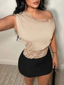 SHEIN SXY 女款蕾絲拼接不對稱肩休閒百搭日常穿搭上衣 - 杏色 - 查看 6