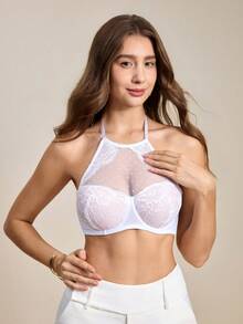Hourtrue Sujetador con aros de encaje sexy para mujer (malla transpirable) - Levanta, sujeta y da soporte lateral, de moda para uso diario y ocasiones especiales - Blanco - Ver 8