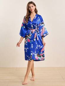 Hourtrue 1 pieza Bata larga con estampado de pavo real - azul real - Ver 1