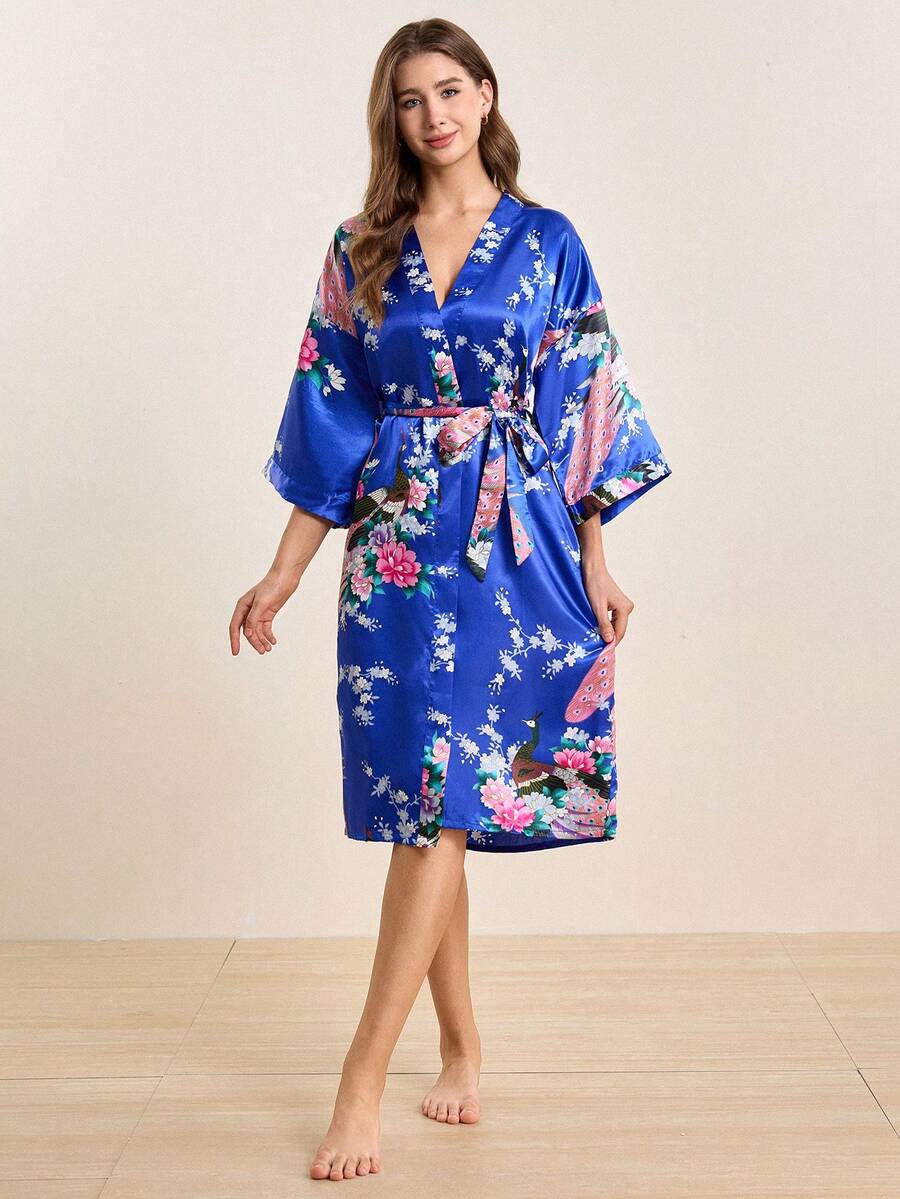 Hourtrue 1 pieza Bata larga con estampado de pavo real - azul real - Ver 1