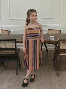 Dazy Kids Young Girl Summer Beach Vacation Style Patchwork Crochet Striped Print Cami Dress - Khaki - View 5