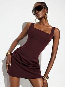 Aveloria GENKIRA Women's Solid Color Spaghetti Strap Pleated Hem Drawstring Back Design Commuter Short Dress - Brown - View 1