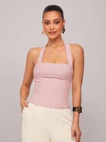 Silquee Daily Casual Halter Neck Backless Solid Color Top - Dusty Pink - View 6