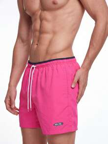 Manfinity KASUA Swim Trunks For Men Drawstring Waist Security Pockets Lightweight 4-Way Stretch Letter Patches,Solid Color For Beach Vacation,Resort Casual,Water SportsRose Red Fabric Non-Stretch Lined Beach Shorts - Rose Red - View 3